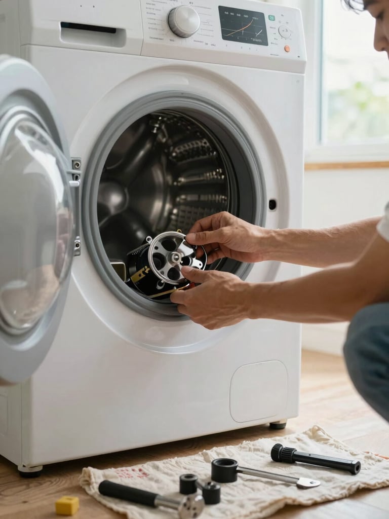Medium shot of technician hands connecting a replacement part inside an open washing machine cabinet on a home floor, natural window light, tools laid out beside the appliance on a cloth
