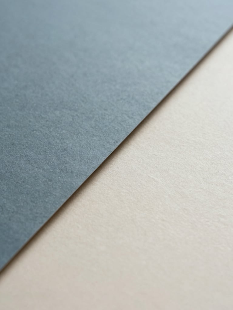 Macro editorial photograph of high-end tactile paper stocks in slate blue and warm off-white, soft diffused daylight casting gentle shadows, 35mm lens