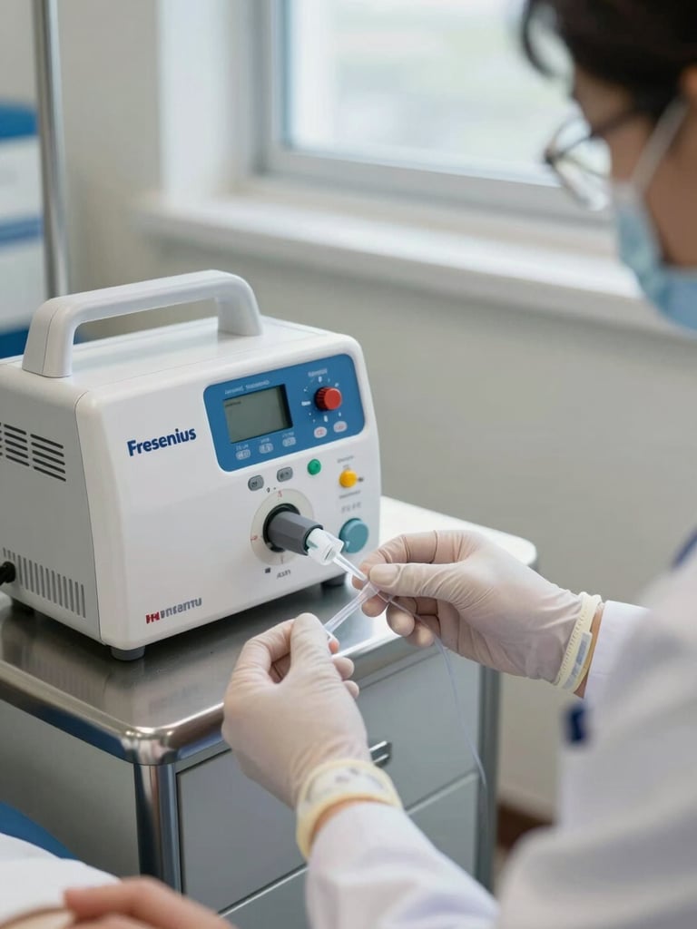 Close-up medium-wide shot of a nephrologist's gloved hands carefully connecting a dialysis line to a Fresenius generator at a patient station, clinical daylight from a side window, stainless steel and white equipment surfaces in sharp focus, framing left-heavy with equipment detail prominent