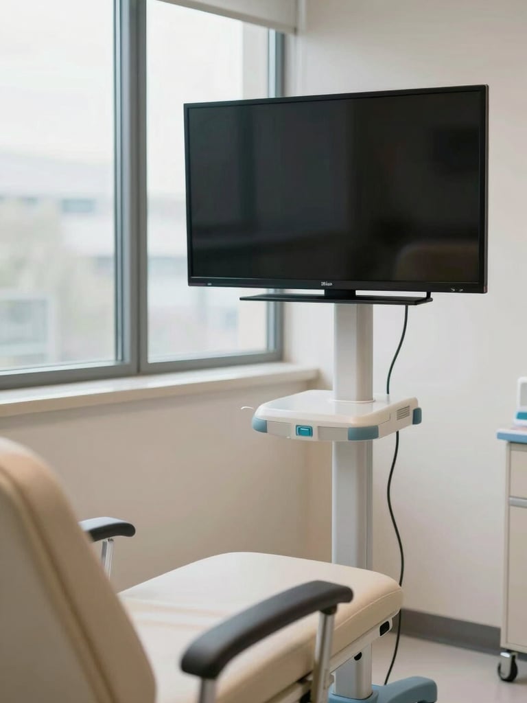 Medium-wide shot of a dialysis station armrest and individual television screen mounted at eye level, clinical daylight from a nearby window, clean upholstered chair visible in the foreground, empty and ready for use