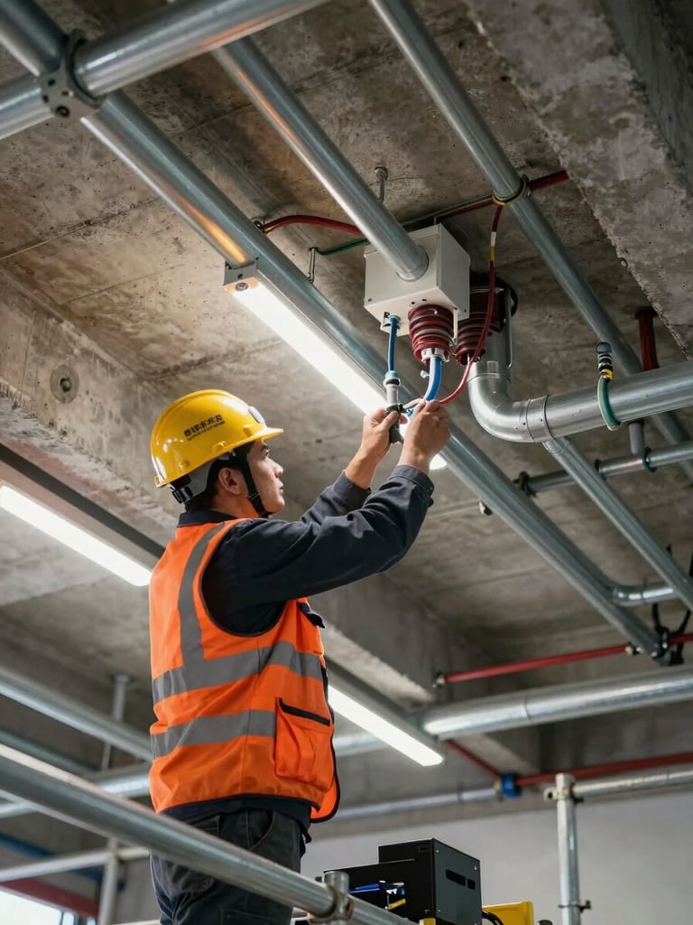 Close angular overhead shot of active electrical conduit installation inside an industrial building, certified technician in orange safety vest and hard hat routing metal conduit along a concrete ceiling, tungsten work lighting illuminating precise cable management runs, equipment and tools visible on scaffolding below