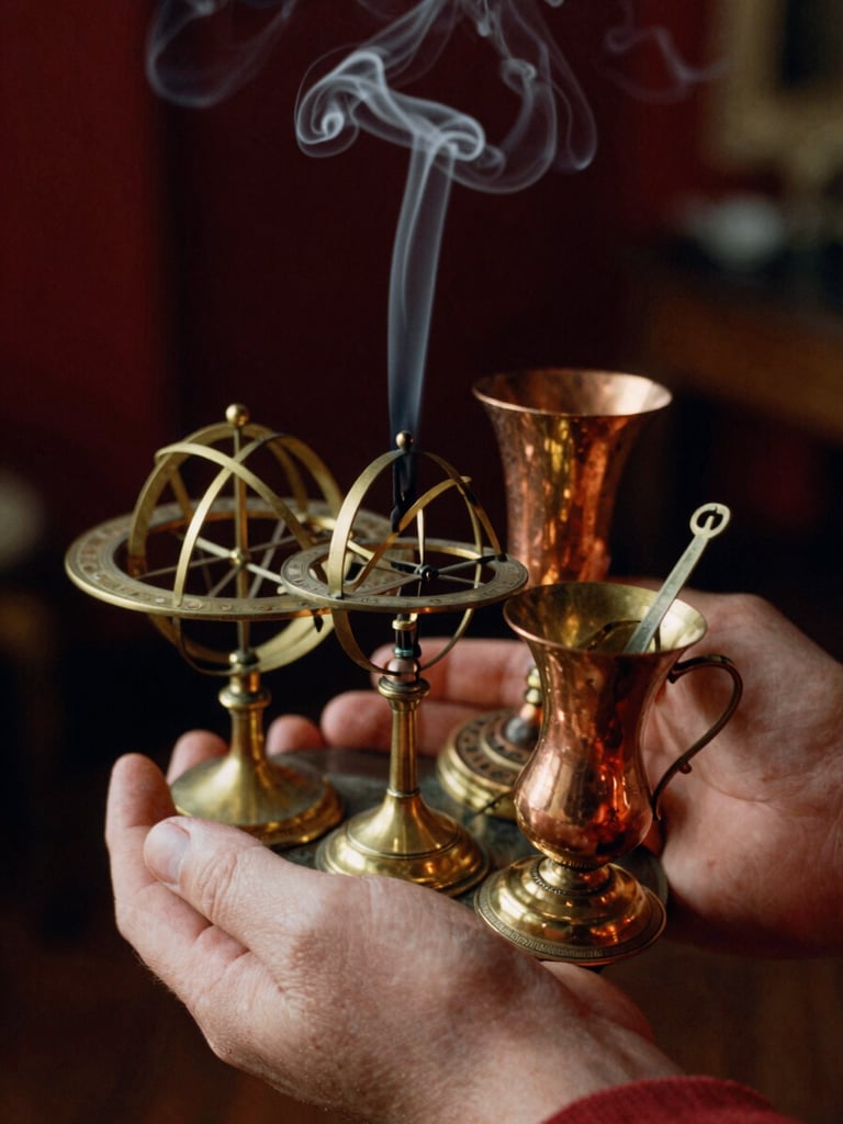 Close-up of hands holding antique brass astrological instruments and copper vessels in warm side-lighting, incense smoke drifting through a quiet room, 35mm film style