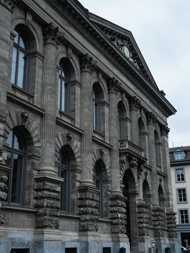 Wide environmental shot of a classic Geneva stone building facade along Cours des Bastions, overcast Swiss daylight, architectural columns and carved stone detail visible, street level perspective looking upward, no people, muted stone grey and deep blue tones