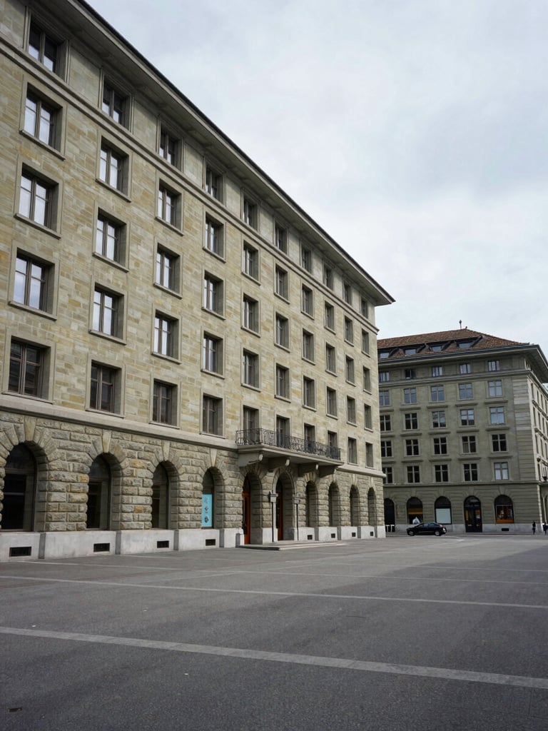 Wide architectural exterior of a Geneva financial quarter building at midday, pale overcast Swiss sky, stone facade detail in the left third, open plaza receding to the right, no figures