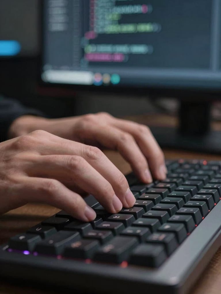Extreme close-up of a developer's hands on a mechanical keyboard, code visible on a dark monitor in the background, cool LED office lighting, shallow depth of field, Manchester studio environment