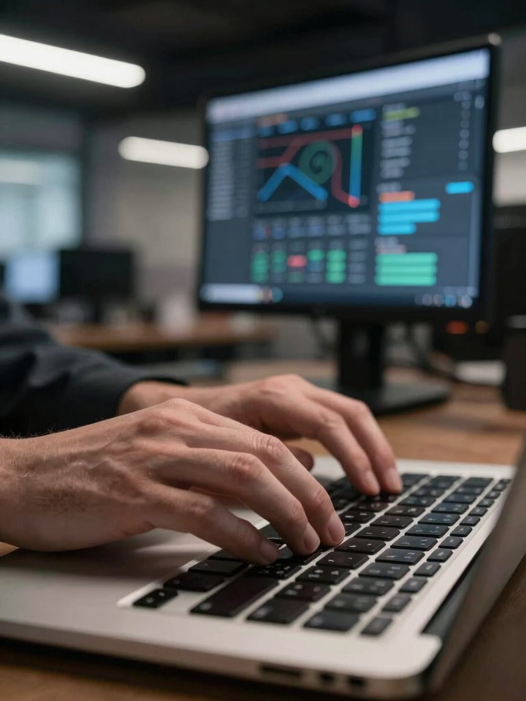 Extreme close-up of hands on a laptop keyboard in a dark open-plan Manchester office, a secondary monitor showing an analytics dashboard softly out of focus behind, cool LED overhead lighting, sharp foreground detail
