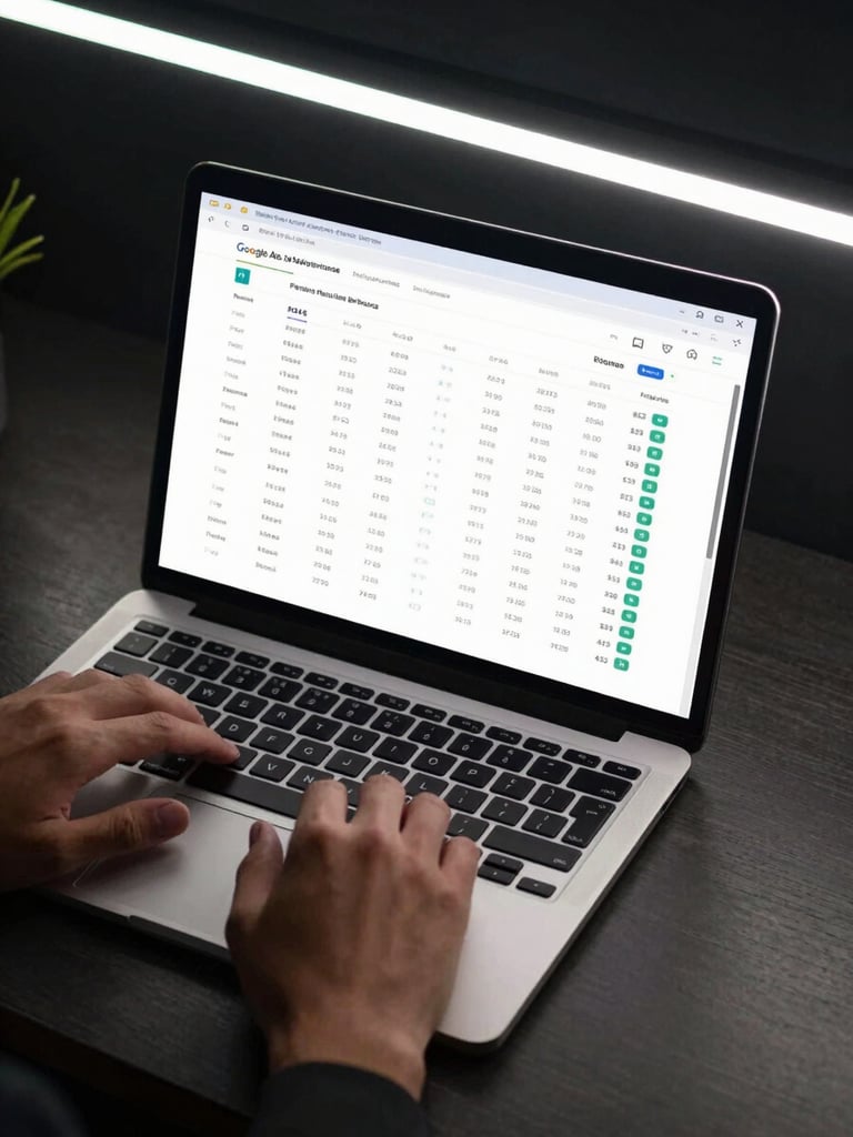 Wide shot of a dark office desk, laptop screen showing a Google Ads performance dashboard with ROAS columns and conversion data, hands resting on keyboard, cool LED overhead lighting, no faces visible, taken from slightly above