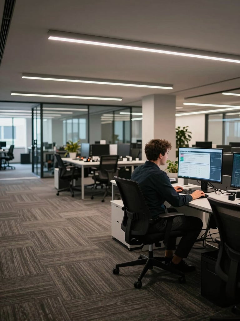 Wide environmental shot of an open-plan Manchester office interior, a single figure seated at a large monitor displaying analytics dashboards, cool LED overhead lighting casting sharp shadows, glass partition walls in the background, shot from a slight angle to the right with generous foreground space on the left