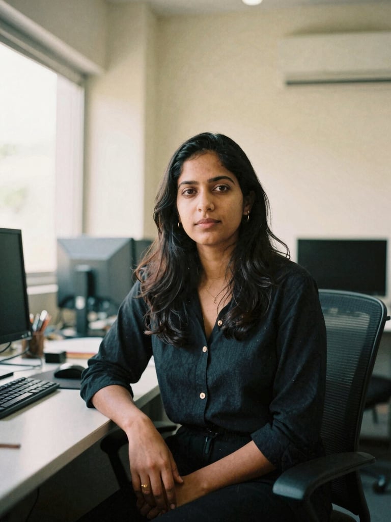 Environmental portrait of a female tech founder in a modern Bangalore workspace, natural side lighting, warm cream undertones, 35mm film grain.