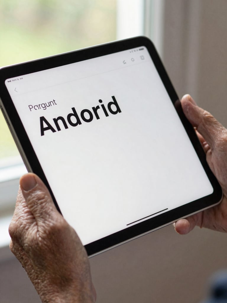 Close-up of an Android tablet screen showing a clean app UI with large legible text, held in the aged hands of an older adult, natural daylight from a window, tight frame cutting off at the wrist