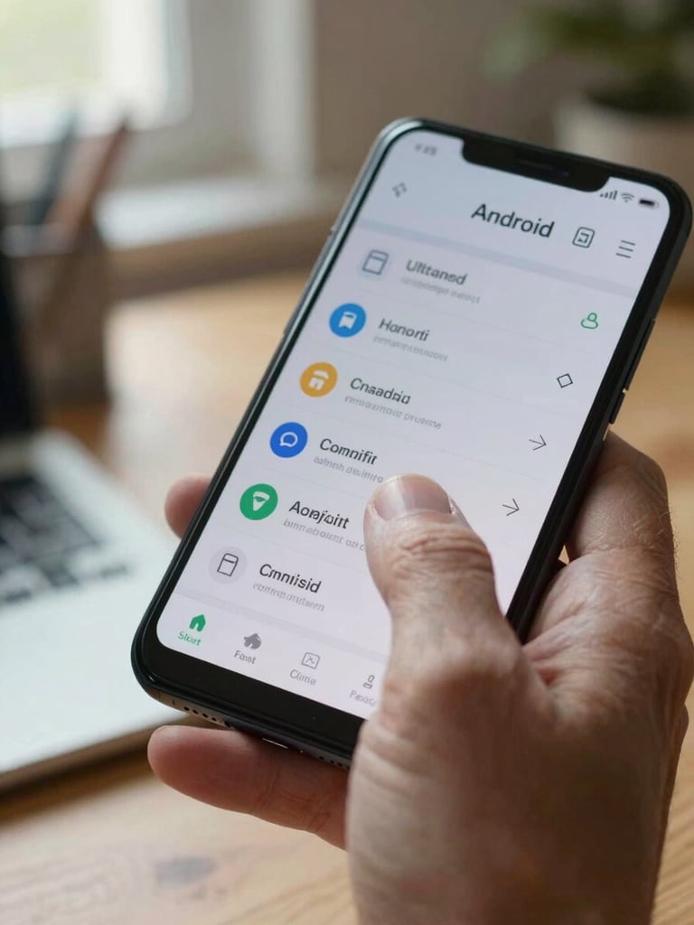 Extreme close-up, side-lit by natural window light — an older adult's hand, visible age lines, index finger resting on a crisp Android UI on a mid-range phone screen, the display showing large readable text controls, background a softly blurred home office desk