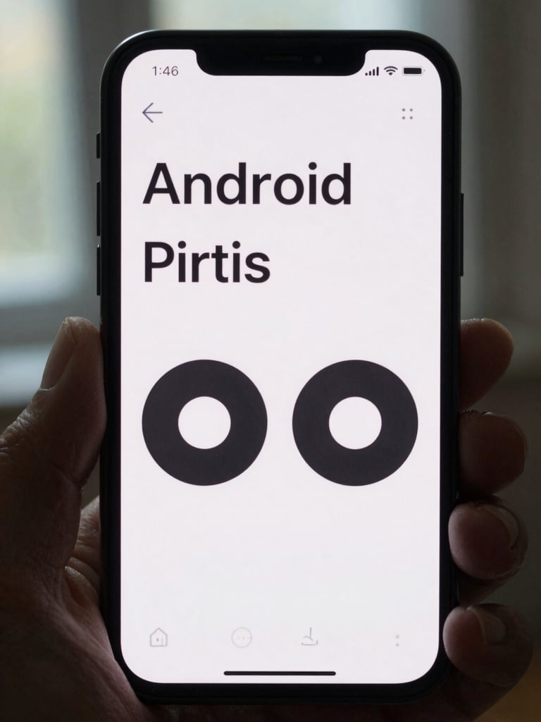 Extreme close-up of an Android app interface on a smartphone screen, sharp UI typography and large tap targets visible, held in aged hands under cool natural window light, neutral background