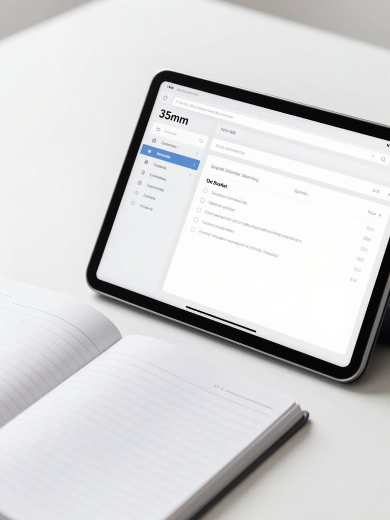 Bright high-key corporate daylight showing a clean software dashboard on a tablet next to a structured notebook, 35mm