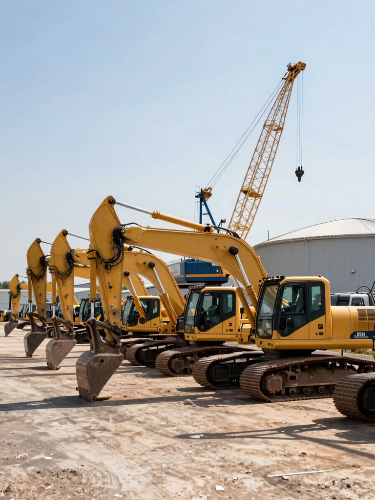 Wide three-quarter view from ground level of a heavy equipment yard — excavators and cranes parked in rows under harsh midday daylight, steel tracks and booms filling the frame, industrial storage facility visible in background right, open sky upper left, no workers, no softness