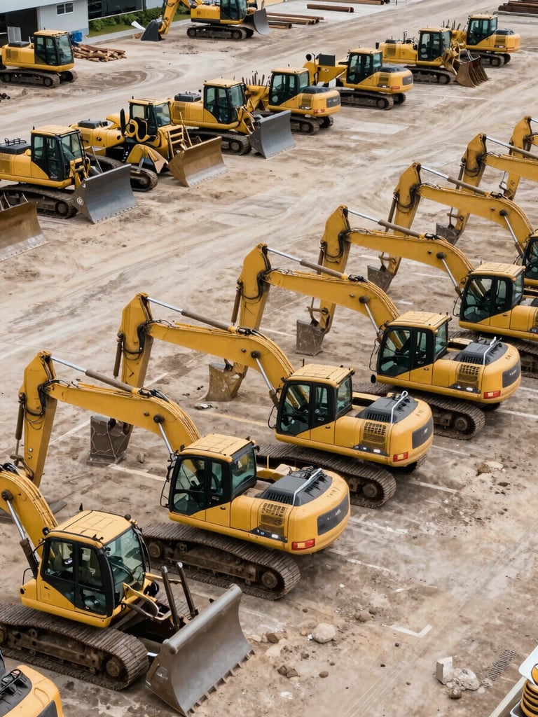 Wide panoramic overhead shot of a heavy equipment storage yard, rows of excavators and bulldozers arranged in the foreground extending to the right edge, shot from elevated angle in flat natural daylight, no workers, no signage, scale and stock depth as the subject