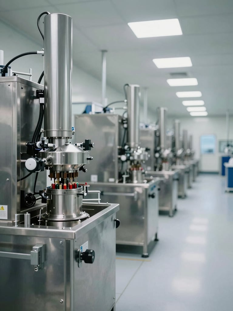 Wide environmental shot of a GMP production floor interior, precision capsule-filling machinery in the left foreground, organized stainless steel equipment receding into depth, bright overhead clinical lighting, no people