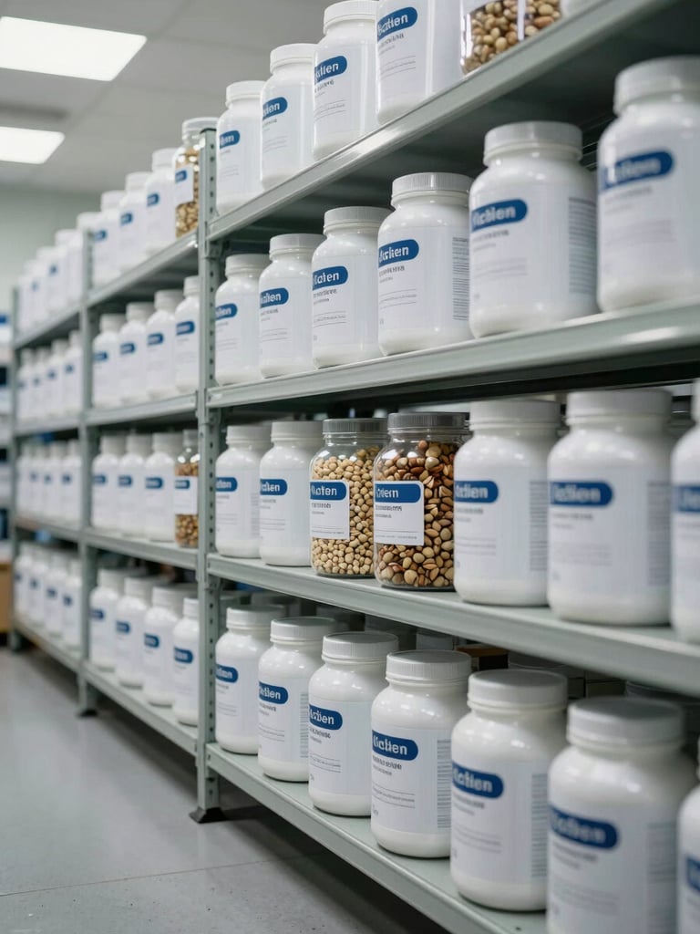 Close-up wide environmental shot of an organized nutraceutical ingredient stockroom — stacked labeled raw material drums on metal shelving under bright clinical overhead lighting, a clean polished floor visible in the foreground, no people