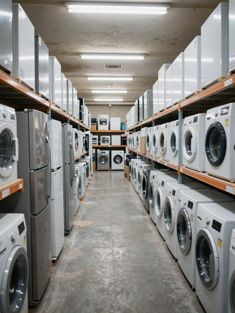 Wide shot of an organized Iraqi electrical appliances warehouse, rows of refrigerators and washing machines on metal shelving under bright even fluorescent light, product labels and model numbers clearly visible, straight-on documentation framing, no people