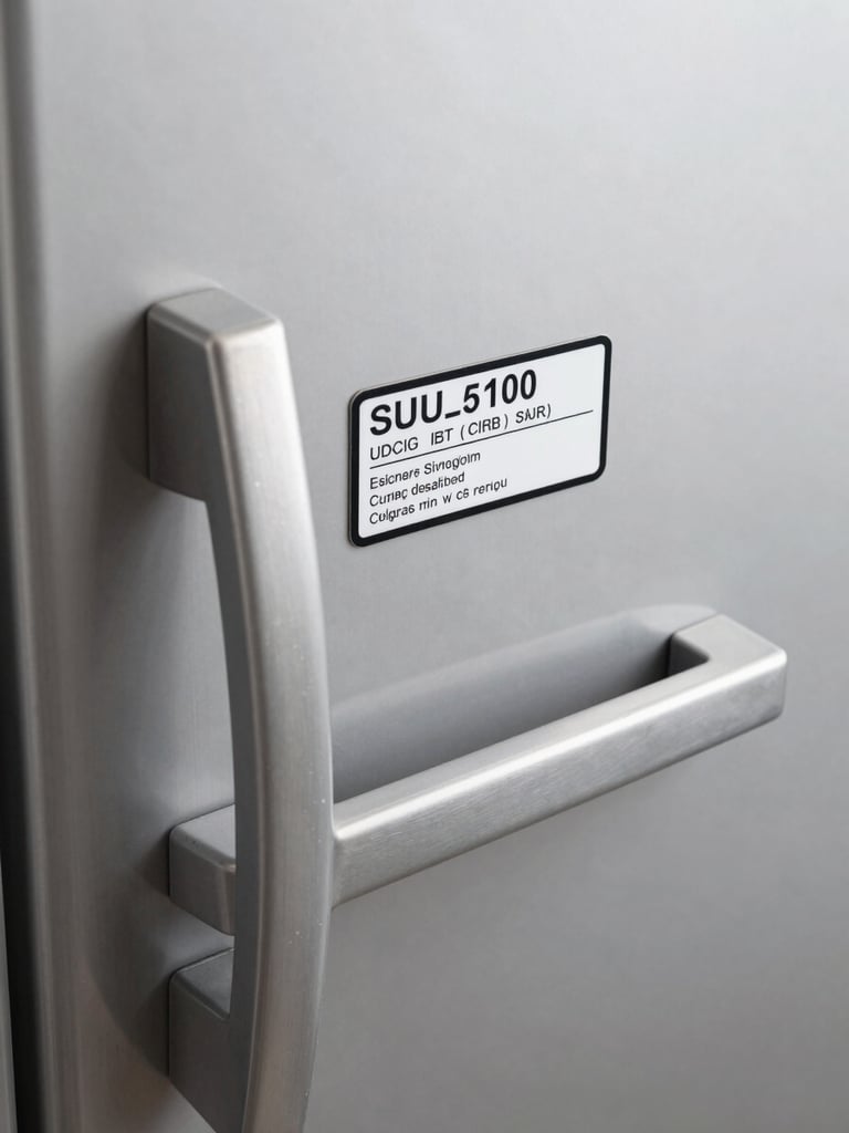 Close overhead shot of a stainless-steel refrigerator door handle and model specification label under bright even studio lighting, neutral gray background, sharp focus on the serial number plate and build quality