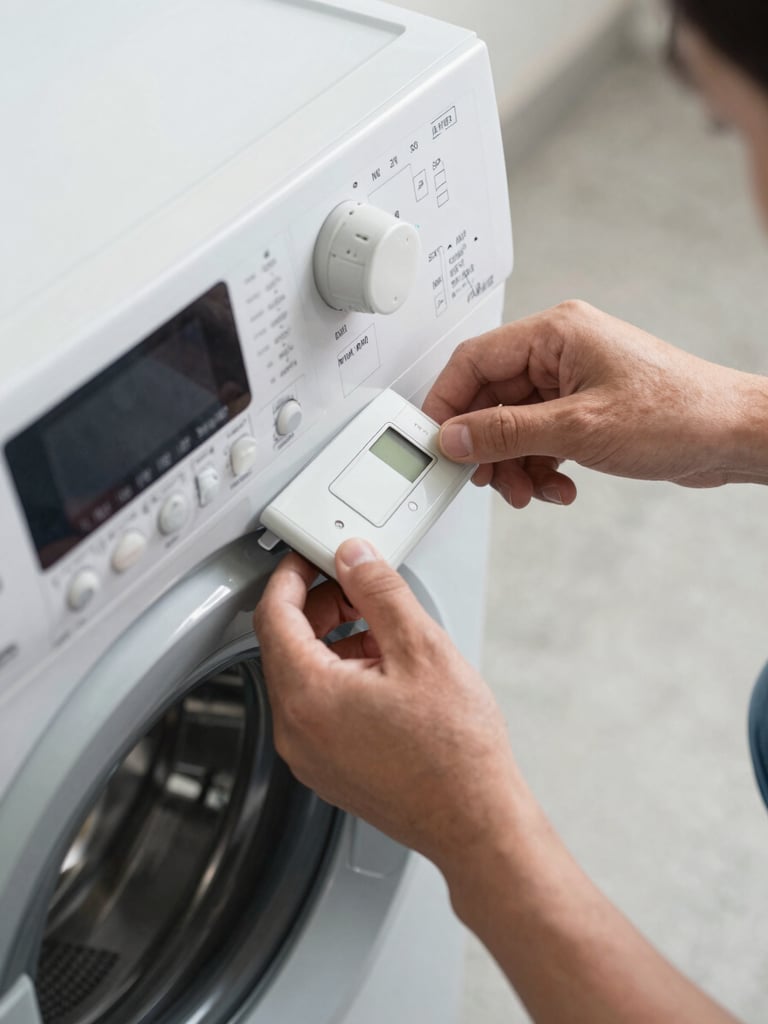 Close-up overhead shot of electrical appliance inspection on a warehouse floor, hands examining a washing machine control panel under bright even daylight, model number plate clearly visible, neutral gray concrete background, no shadows