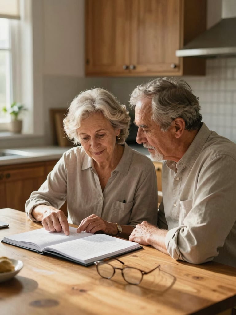 Wide environmental shot of an older couple seated at a sunlit kitchen table, soft north-facing daylight, the woman pointing at a page in an open document folder while the man leans in to read — reading glasses resting on the table, warm wood tones in the background, natural and unposed