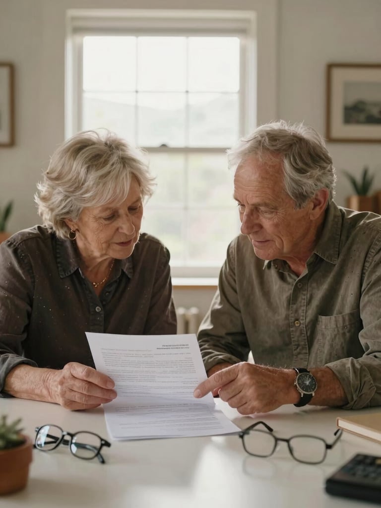 Medium-wide shot inside a home office, an older couple seated side by side at a table, a policy document spread open between them, one hand pointing at a detail on the page, reading glasses resting on the table, warm north-facing window light, natural and unposed