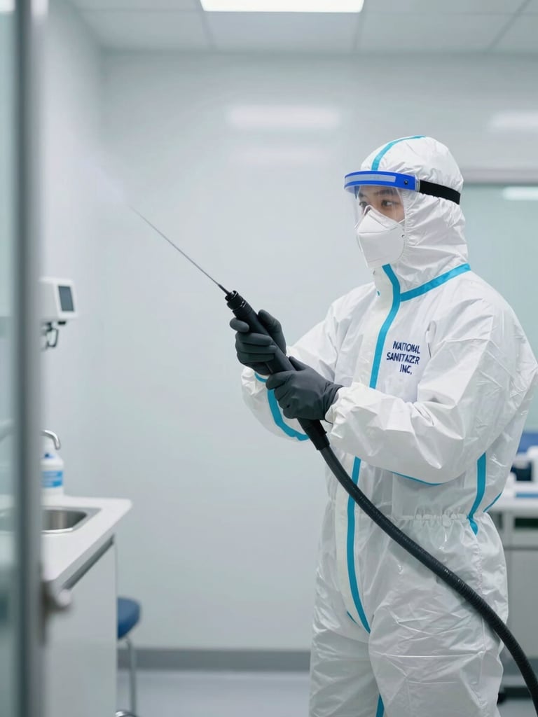 Medium shot of a certified NATIONAL SANITIZER, INC. technician in full PPE (personal protective equipment) operating an electrostatic sprayer inside a clean, modern medical office, bright high-key lighting, sharp focus, realistic documentary style, 35mm