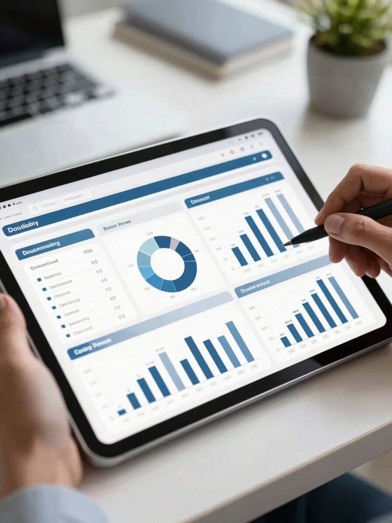 Bright, natural daylight close-up of clean financial dashboards on a modern tablet in a professional Indian corporate workspace.
