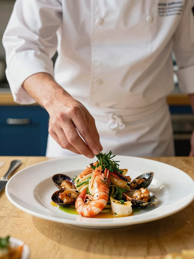 A chef in a clean white uniform carefully plating a grilled seafood platter, garnishing with fresh herbs, warm golden kitchen light, 35mm