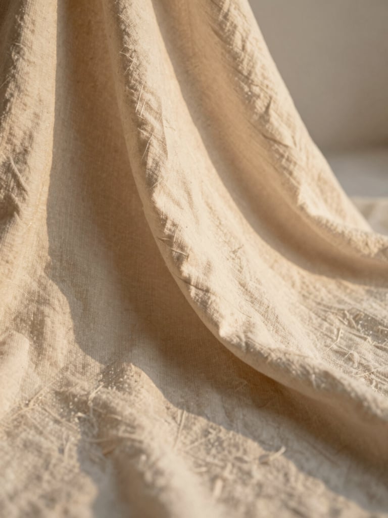 Warm editorial close-up of soft beige linen fabric draping gently in warm golden-hour daylight, 35mm shallow focus