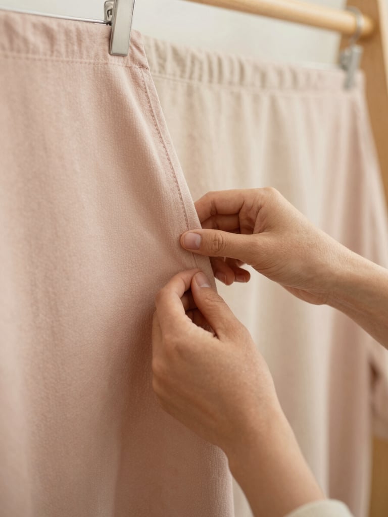 Close-up of hands gently feeling a textured dusty rose fabric hanging on a wooden rack, warm diffused daylight, 35mm