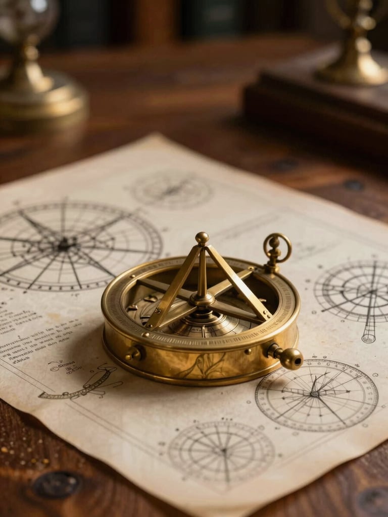 Low-key shot of a brass astrolabe and ancient astronomical charts on a wooden table, warm side-light, scholarly atmosphere.