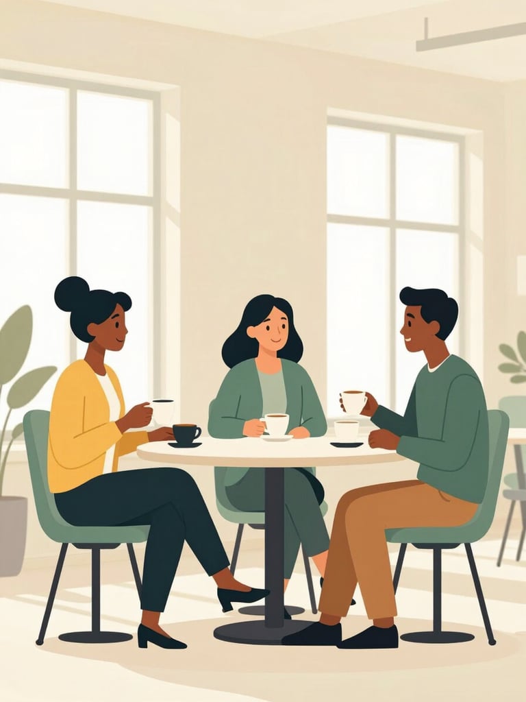 Elegant minimalist vector illustration of three diverse colleagues talking warmly over coffee in a bright, modern office space with sunlit windows, soft yellow and sage green color scheme, clean rounded lines, reassuring atmosphere.