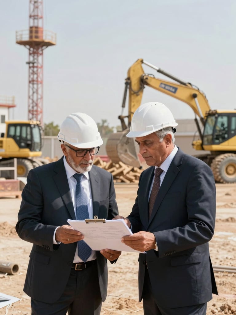 Wide shot of two senior professionals in hard hats and business attire reviewing plans on a clipboard at an active engineering construction site in Sudan, natural daylight, heavy equipment visible in background, medium shot showing operational context