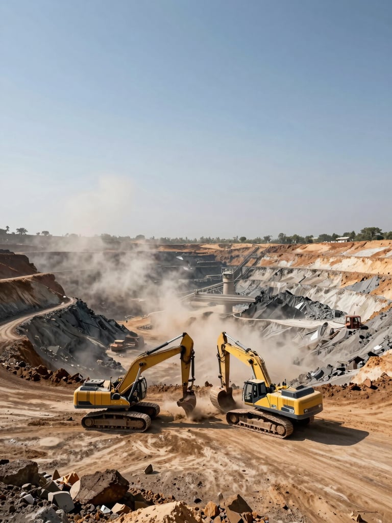 Wide panoramic view of an active open-pit mining and processing site in Sudan, heavy excavation equipment operating in the foreground, dust rising from the earth, clear daylight sky above, scale-emphasizing aerial perspective