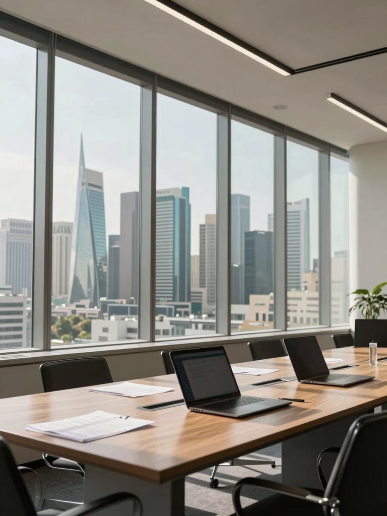 Wide environmental shot of a contemporary Kuwait City office interior — floor-to-ceiling windows framing the skyline, a long conference table with documents and laptops in the foreground, controlled daylight casting clean shadows across the workspace, no people visible, shot from a low angle emphasising the depth of the room