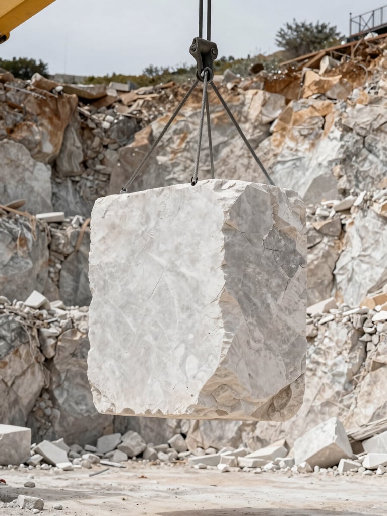 Close-up environmental shot of a quarry block extraction site in Portugal, freshly cut white limestone block suspended by steel cables against a sheer quarry wall, overcast daylight, scale conveyed by visible machinery arm and rock face texture