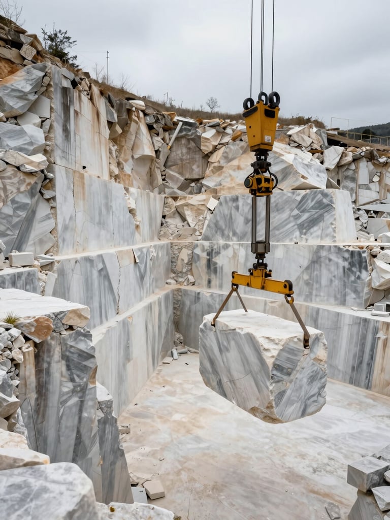 Wide overhead view of a marble quarry face in Italy, a large raw stone block being lifted by industrial crane in the right foreground, pale grey stone walls receding into depth, overcast diffuse daylight, no harsh shadows, scale of extraction unmistakable