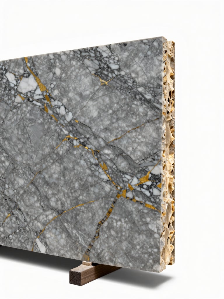 Close studio shot of a finished Calacatta marble slab cross-section standing upright, dramatic grey and gold veining sharp under controlled strobe lighting, slab edge revealing stone depth and material density, white background, no styling props