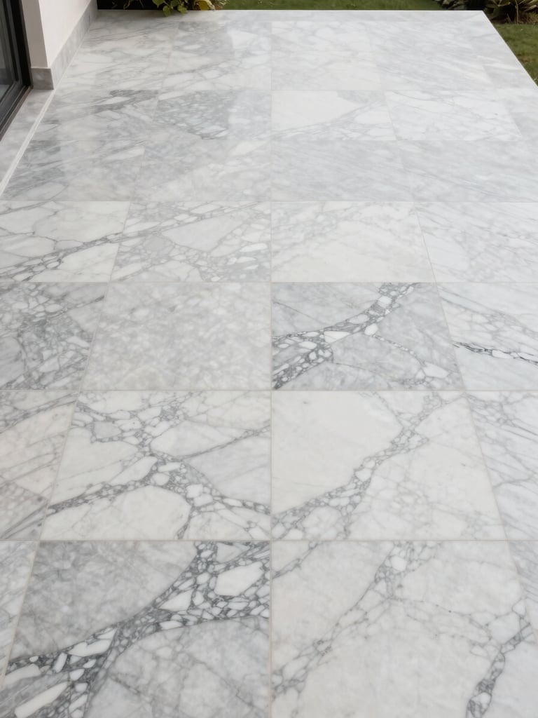 Overhead orthographic view of a private villa terrace, large-format Calacatta marble slabs laid in book-matched pairs, veins symmetrical across the full floor plane, bright overcast daylight, no furniture visible — pure material at scale