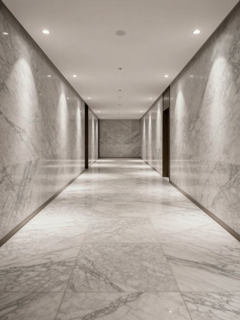 Wide shot of a five-star hotel corridor, floor and wall cladding in continuous Statuario marble slabs under recessed ceiling lights, veins matched across panel joints, architectural scale visible with long perspective depth, overcast controlled studio lighting