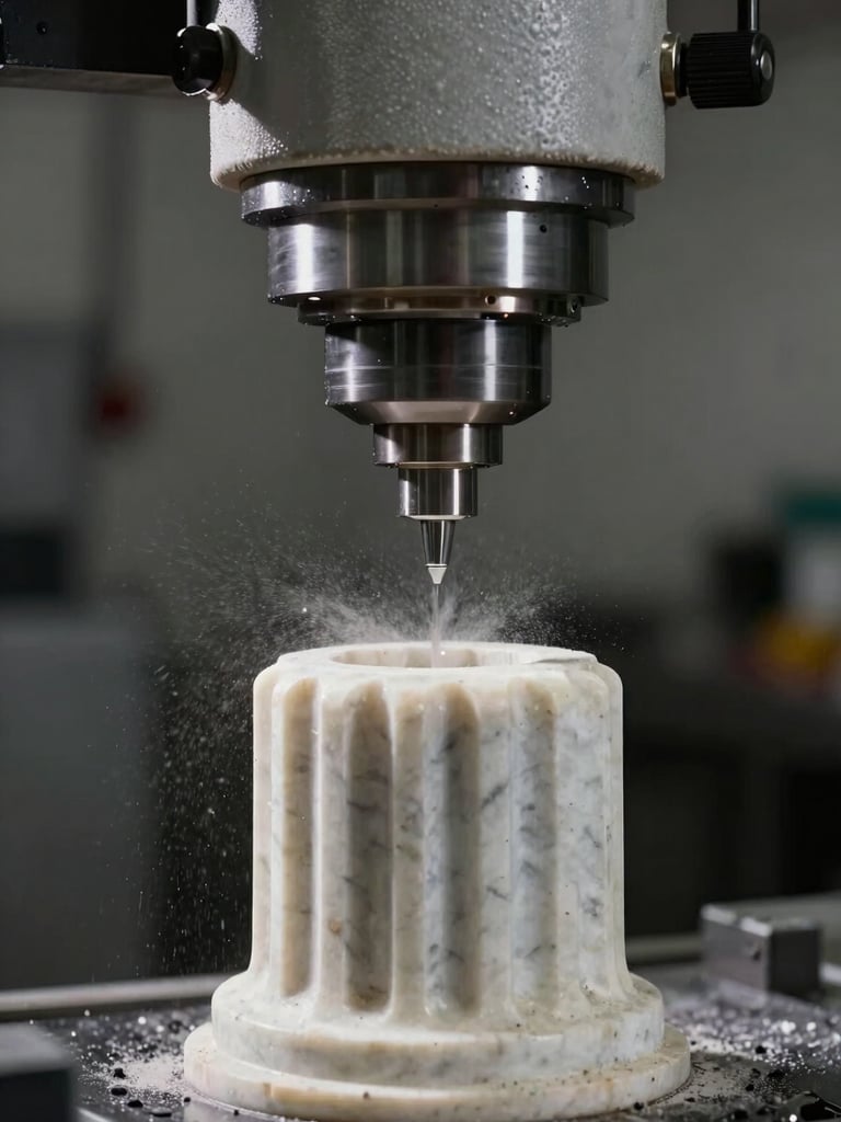 Close-medium shot of a CNC milling head carving a fluted marble column shaft under controlled studio strobe light, stone dust suspended mid-air, surface detail sharp and precise