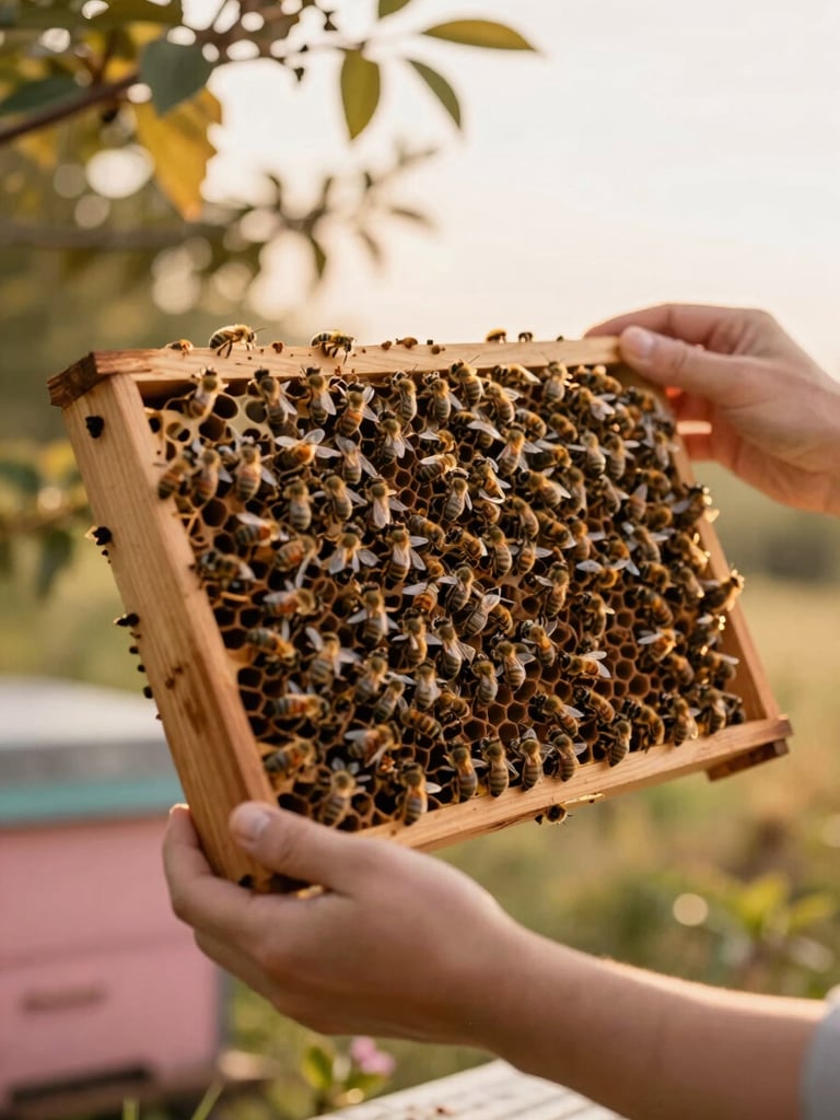 Hands gently holding a wooden beehive frame covered with bees, warm golden light filtering through leaves, natural pastoral editorial