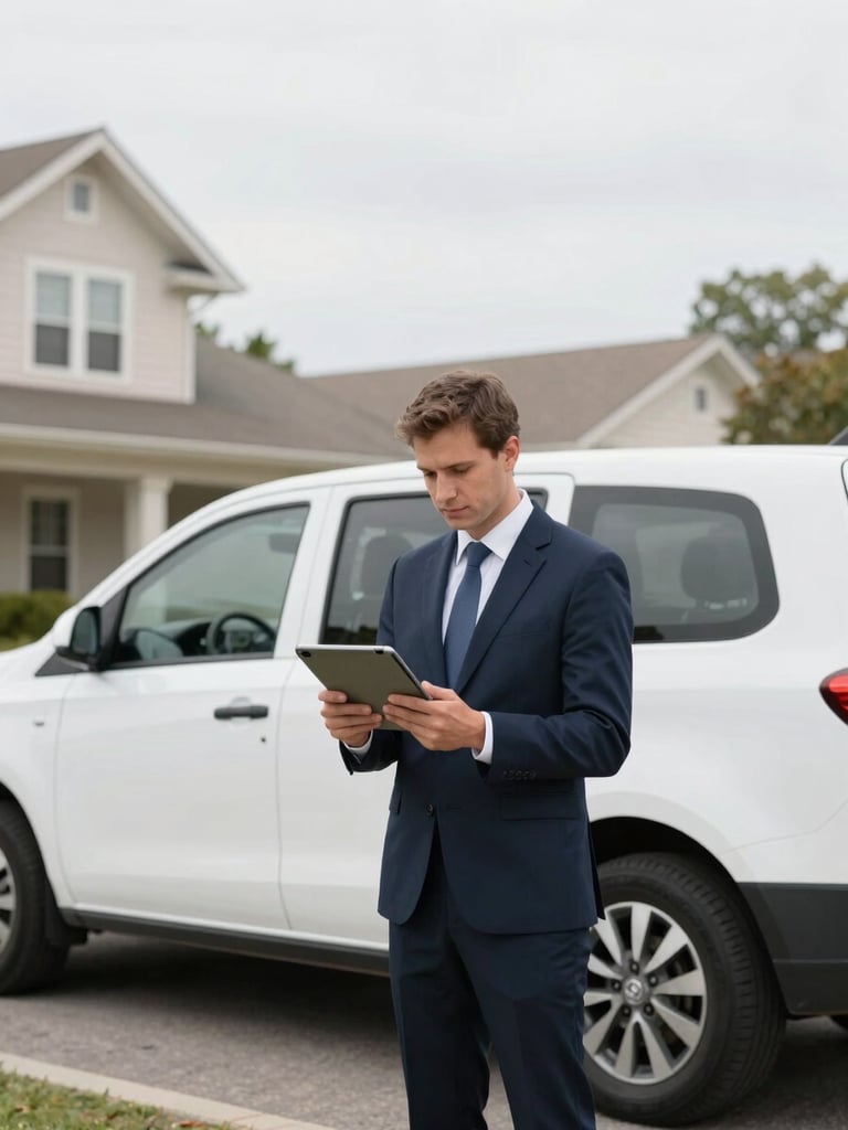 Professional appraiser on-site, using a tablet, next to a branded company vehicle, suburban street, bright overcast daylight, focused on work, 35mm