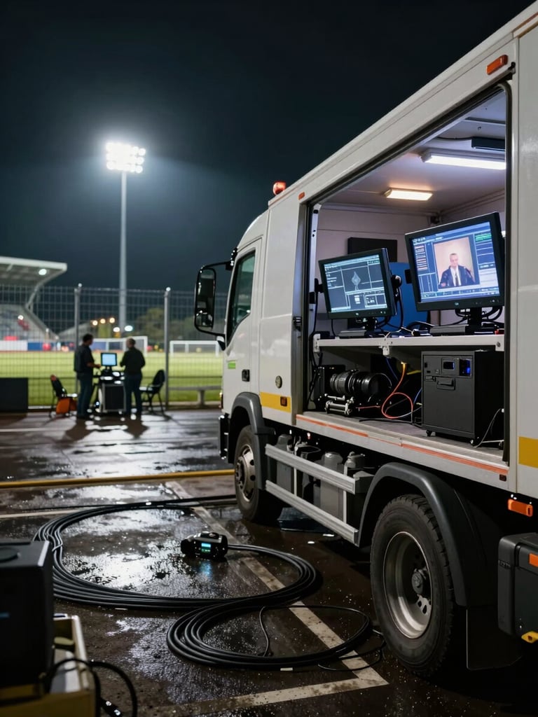 Wide environmental shot of a stadium broadcast compound at night — OB truck bay lit by production monitors in the foreground right, stadium floodlights visible through a wire fence in the background left, cables running across wet tarmac, broadcast crew visible mid-distance