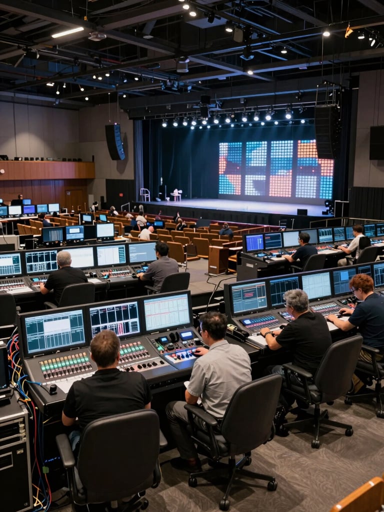Overhead production-deck perspective inside a large conference hall — rows of broadcast monitors and live-switching consoles in the foreground, operators at stations, vast lit stage and LED backdrop visible in the distance under full production lighting, cables and equipment visible mid-frame conveying real operational scale