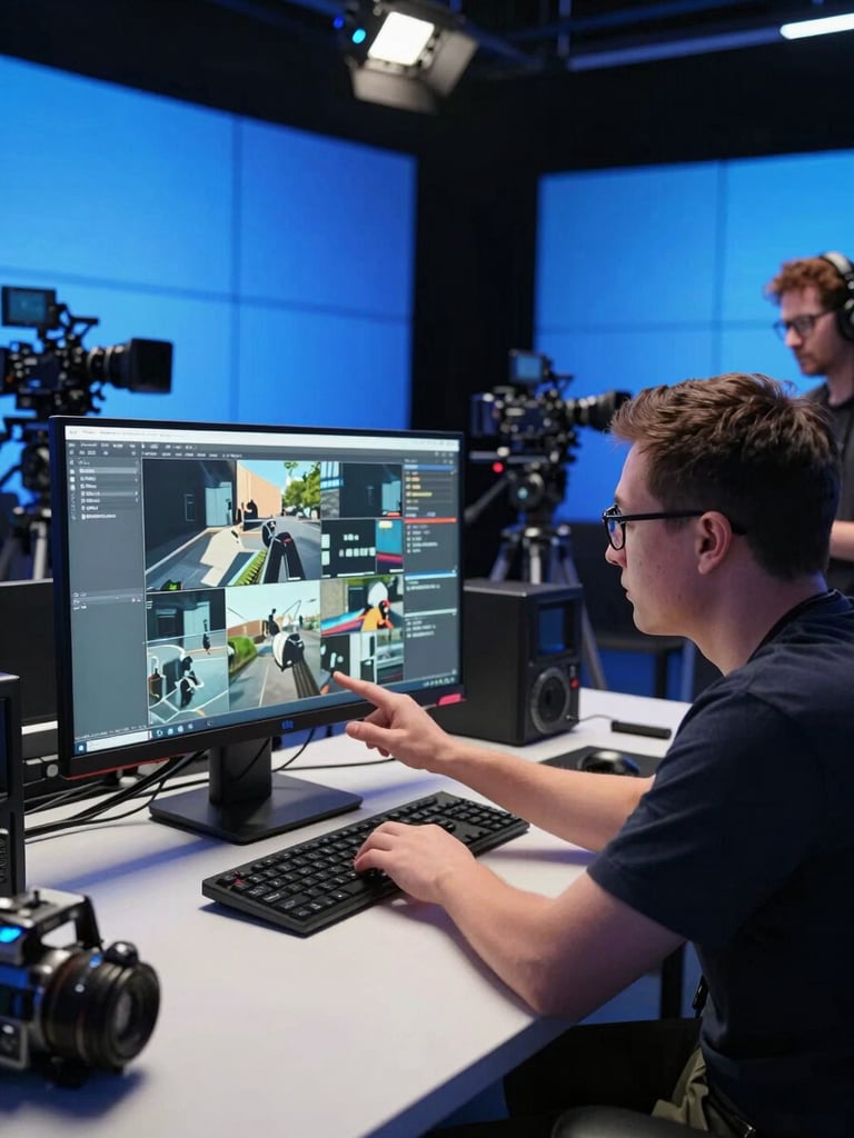 Wide medium shot of a campaign director reviewing footage on a large monitor in a production suite, broadcast-blue LED panels casting directional light across the control desk, camera rigs visible in background mid-setup, editorial tension in the frame