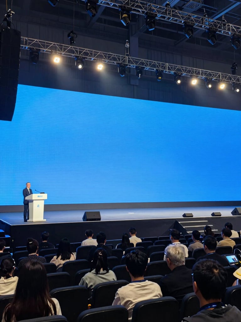 Wide environmental frame looking across a large enterprise conference stage from the wings — a vast LED wall ablaze with broadcast-blue light fills the background, speaker podium visible at stage-left, production rigging and lighting trusses overhead, arena seating banks visible in deep focus, live event atmosphere with haze in the air