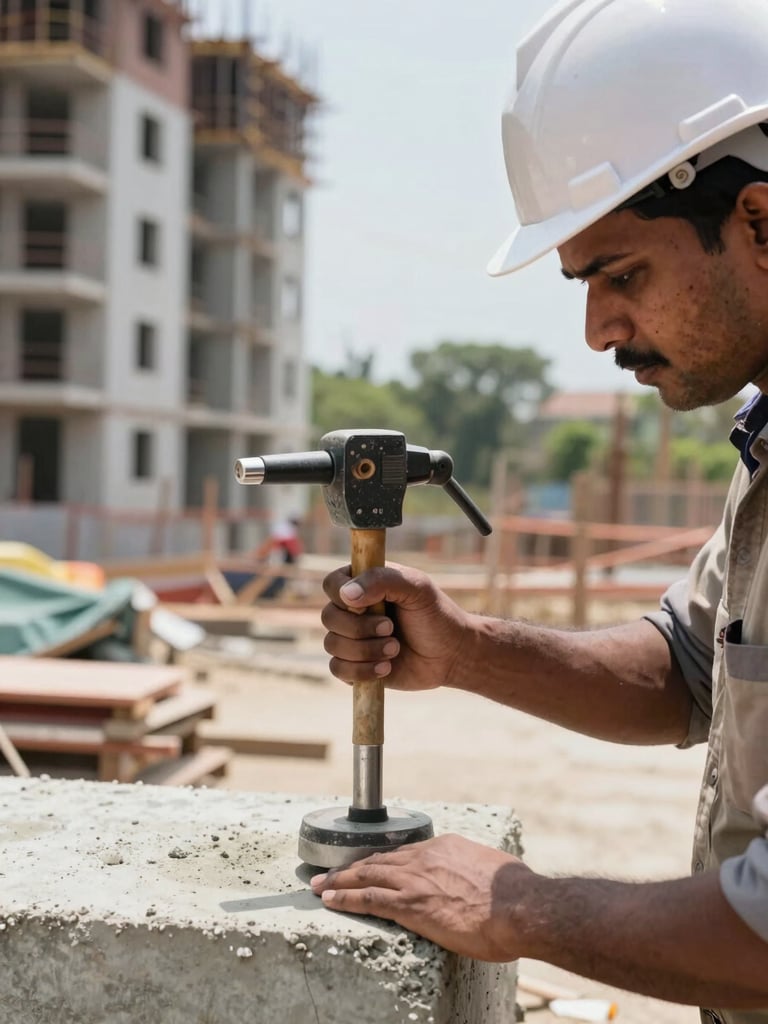Close-up of an expert engineer checking concrete strength with a rebound hammer on an active residential construction site in Chennai, bright daylight.