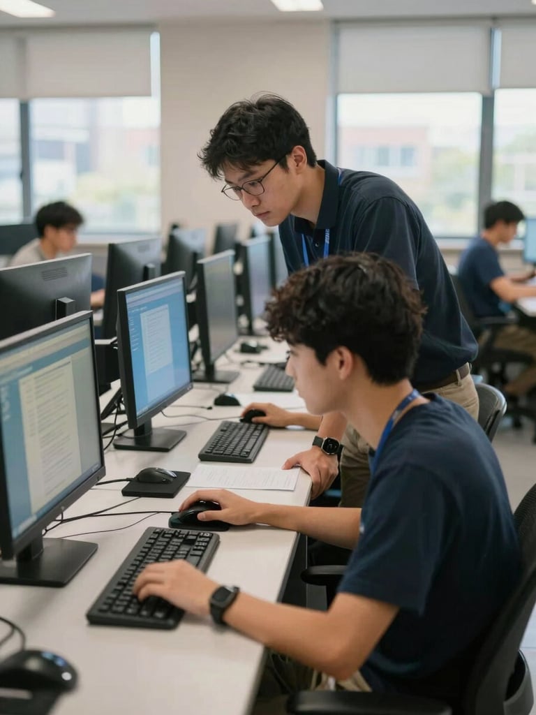 Close environmental frame of a college computer lab, students at individual workstations with screens active, faculty member leaning over a student's desk reviewing work, morning light from side windows, rows of functional desktop computers visible in background